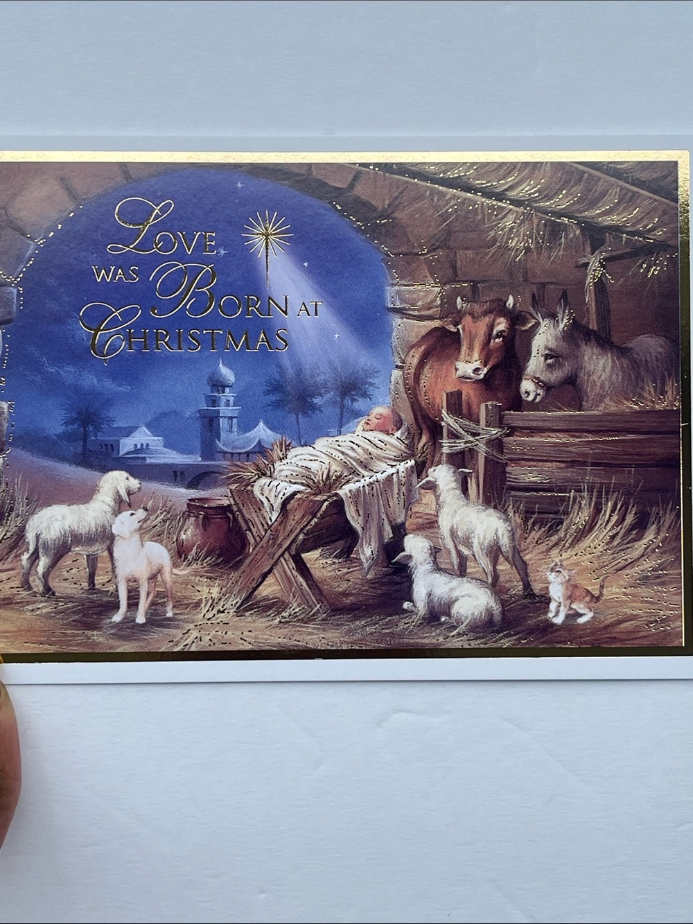 Christmas Nativity Greeting Card with Gold Accents - Brown & Blue